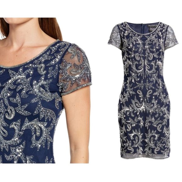 PISARRO NIGHTS Navy Beaded Mesh Cocktail Dress Size 14 NWT Flaw D-2309 0014 - Picture 2 of 12